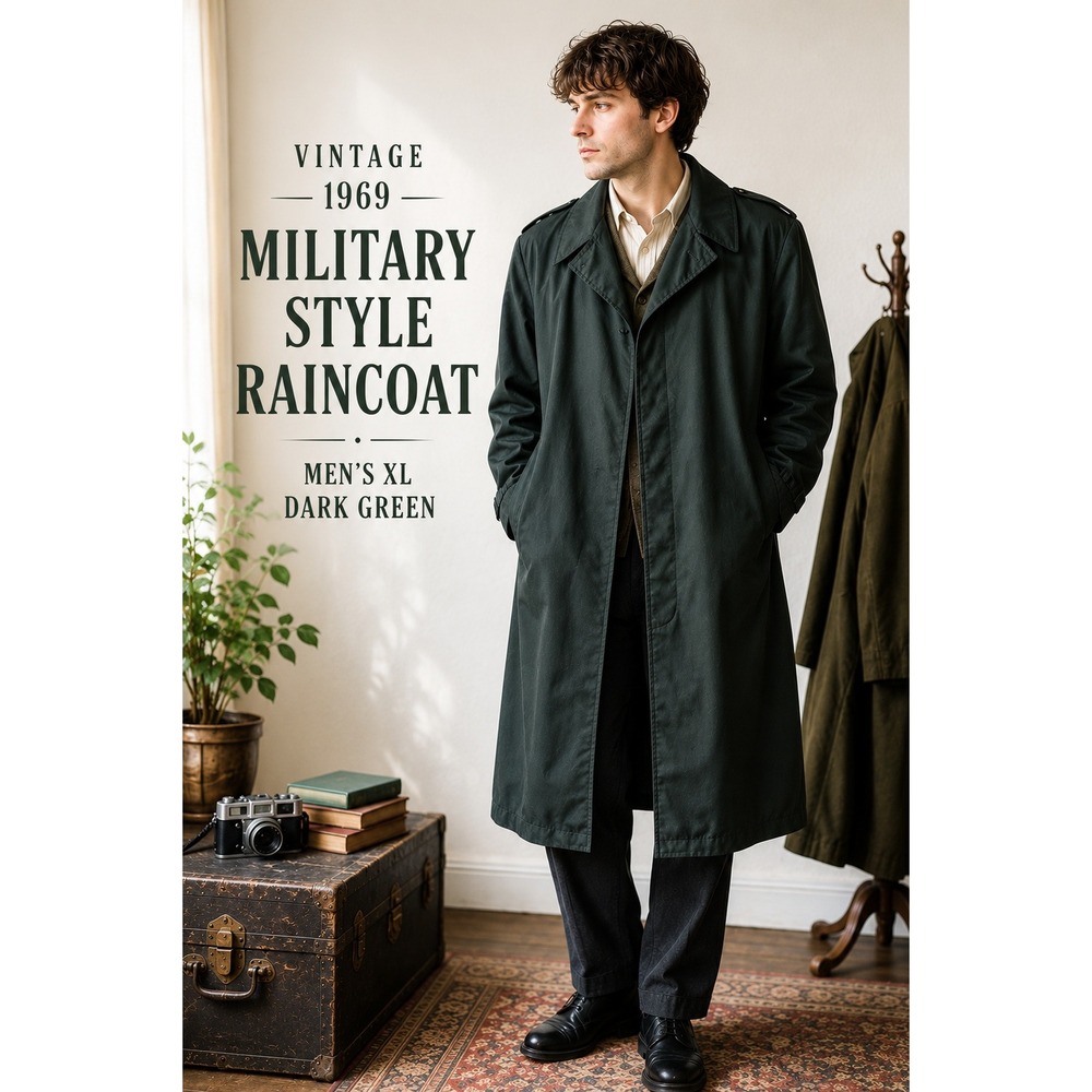 Vintage 1969 Military Style Raincoat Mens XL Dark Green Trench Coat Spycore